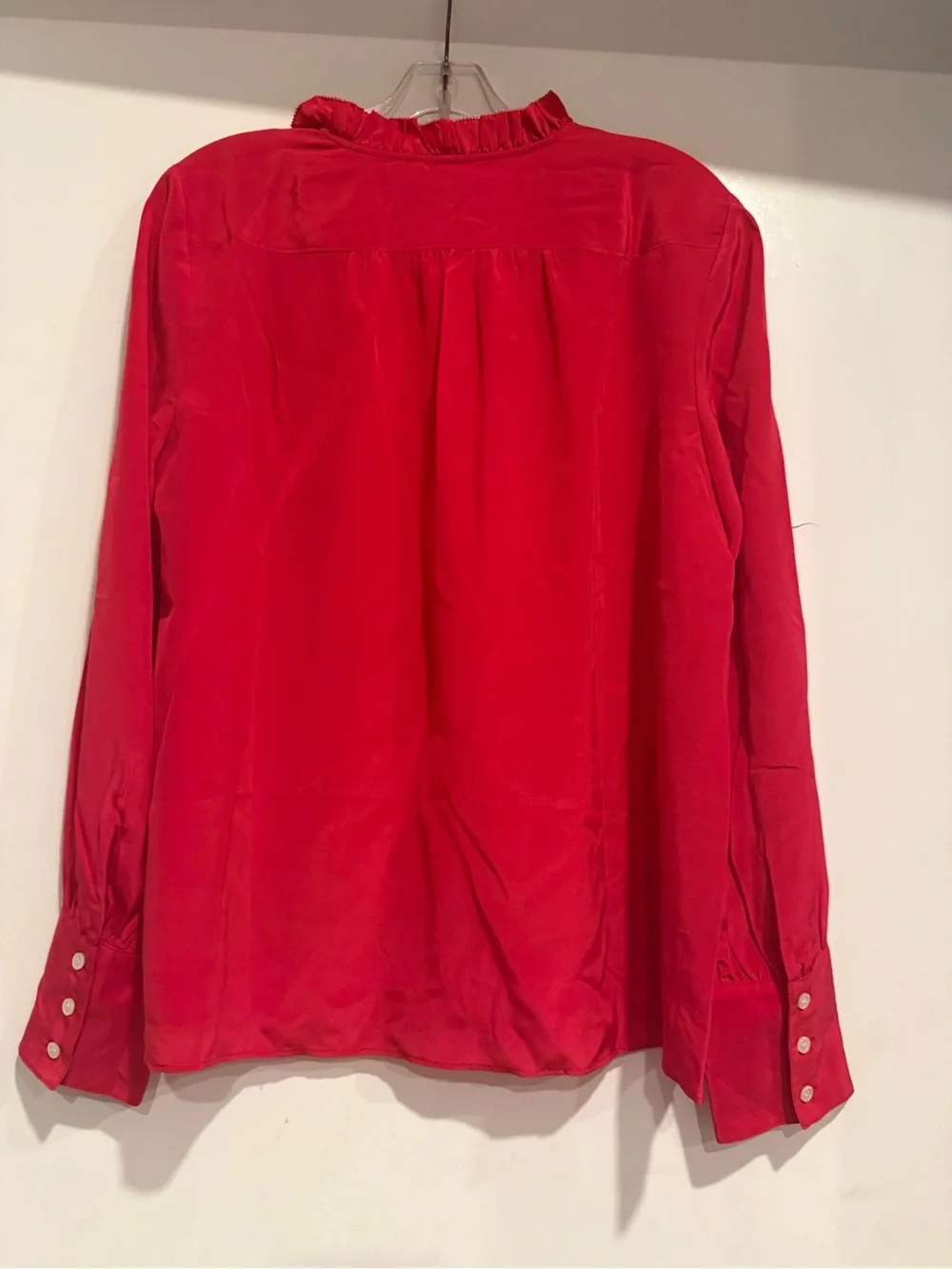 J.CREW 100% Silk Red Ruffle Collar Button Up Blouse Top Long Sleeve Size L